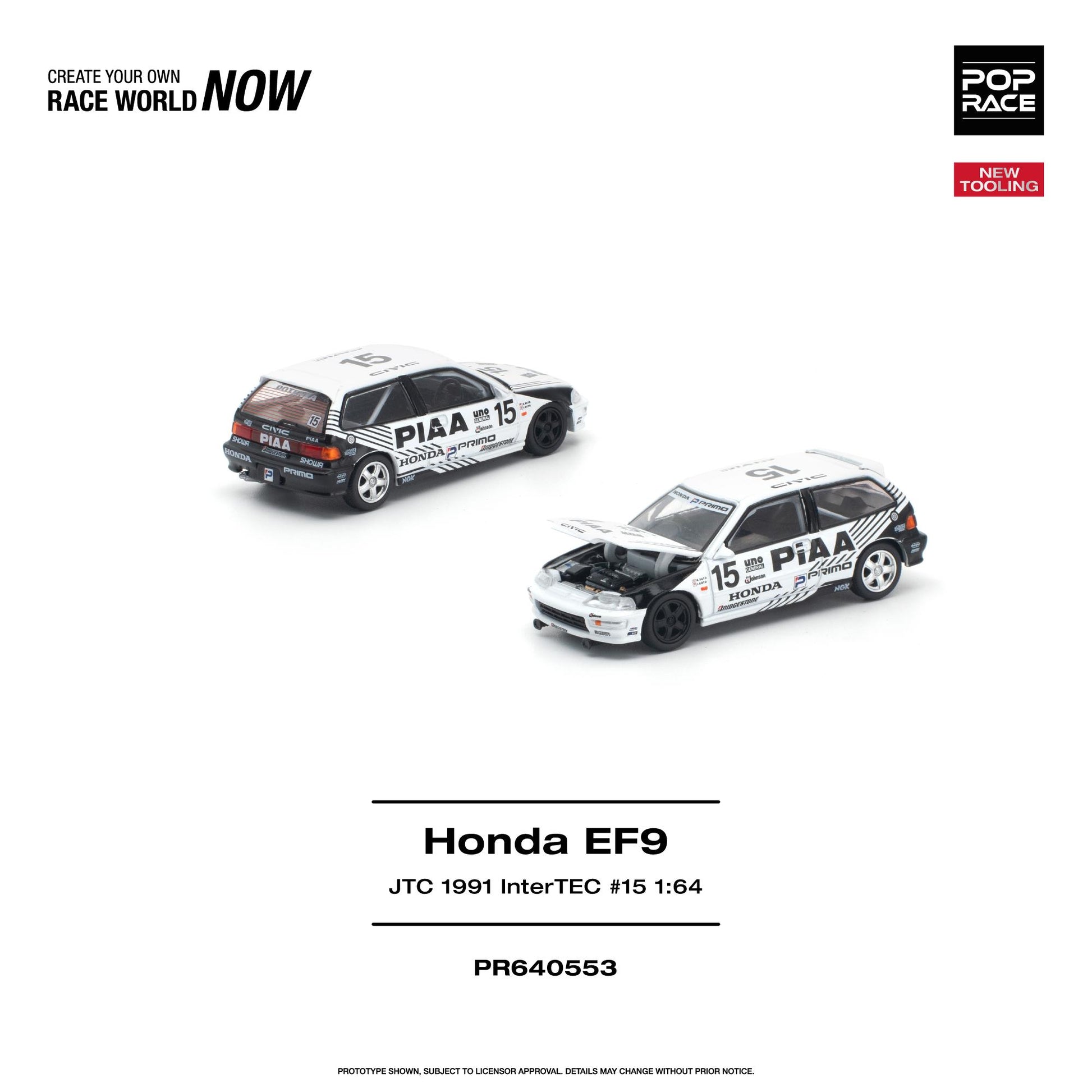 Two 1:64 scale model Honda EF9 race cars on a white background, with product text and branding including Pop Race and JTC 1991 InterTEC #15 1:64.