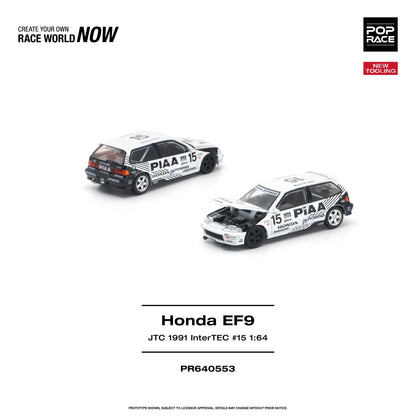 Two 1:64 scale model Honda EF9 race cars on a white background, with product text and branding including Pop Race and JTC 1991 InterTEC #15 1:64.