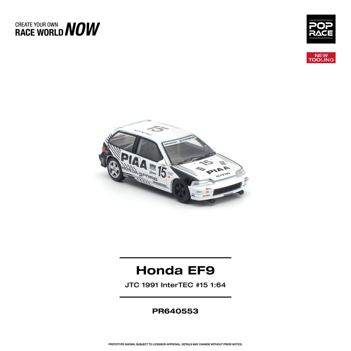 A 1:64 scale model of a 1991 Honda EF9 Inter/TEC race car by Pop Race, shown on a clean white background with product details and branding.