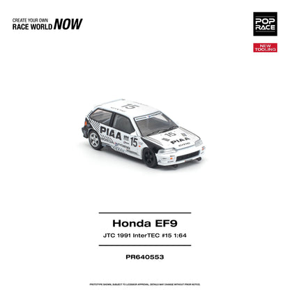 A 1:64 scale model of a 1991 Honda EF9 Inter/TEC race car by Pop Race, shown on a clean white background with product details and branding.