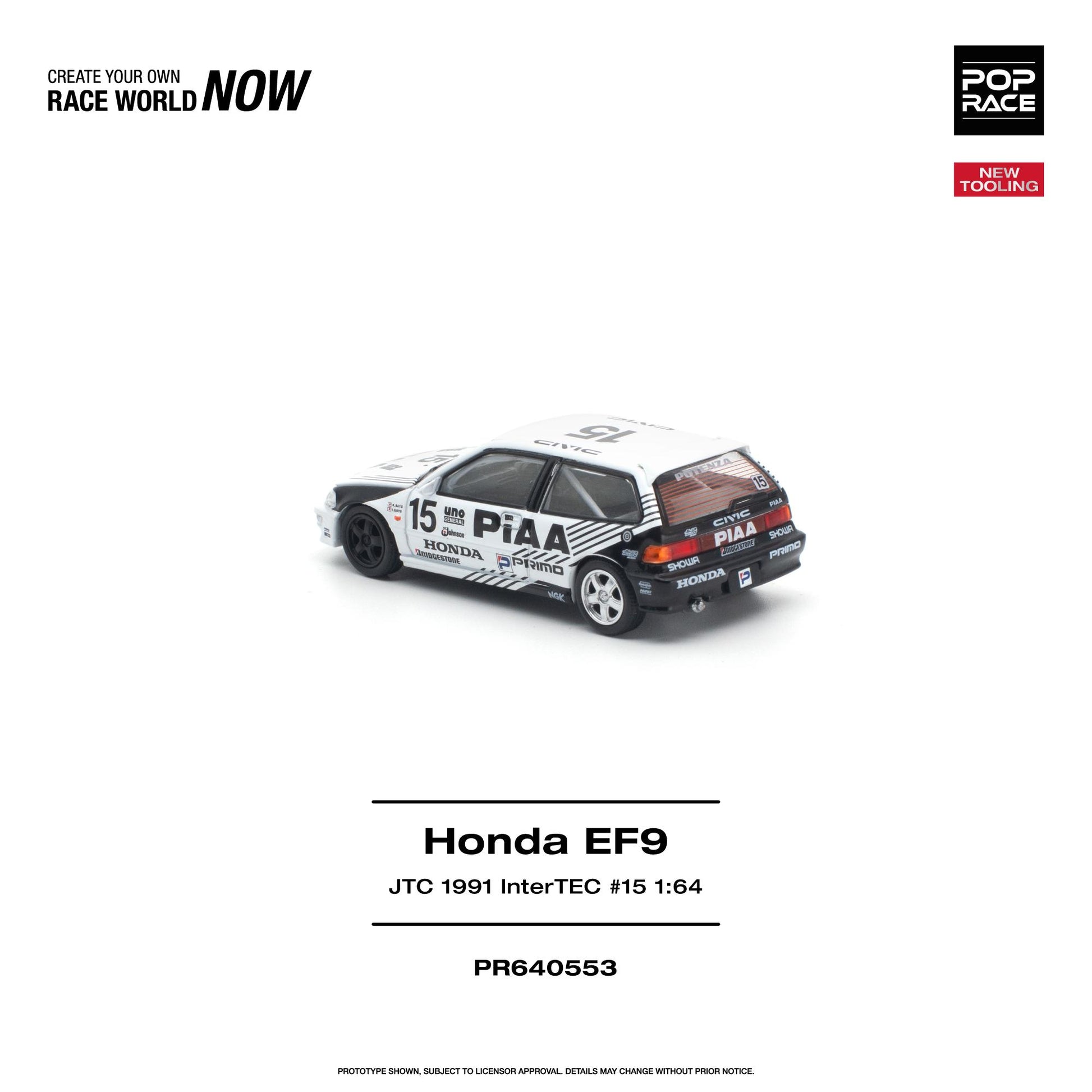 A 1:64 scale model of the 1991 JTC Inter/TEC #15 Honda EF9 race car, shown on a clean white background with product details and branding text.