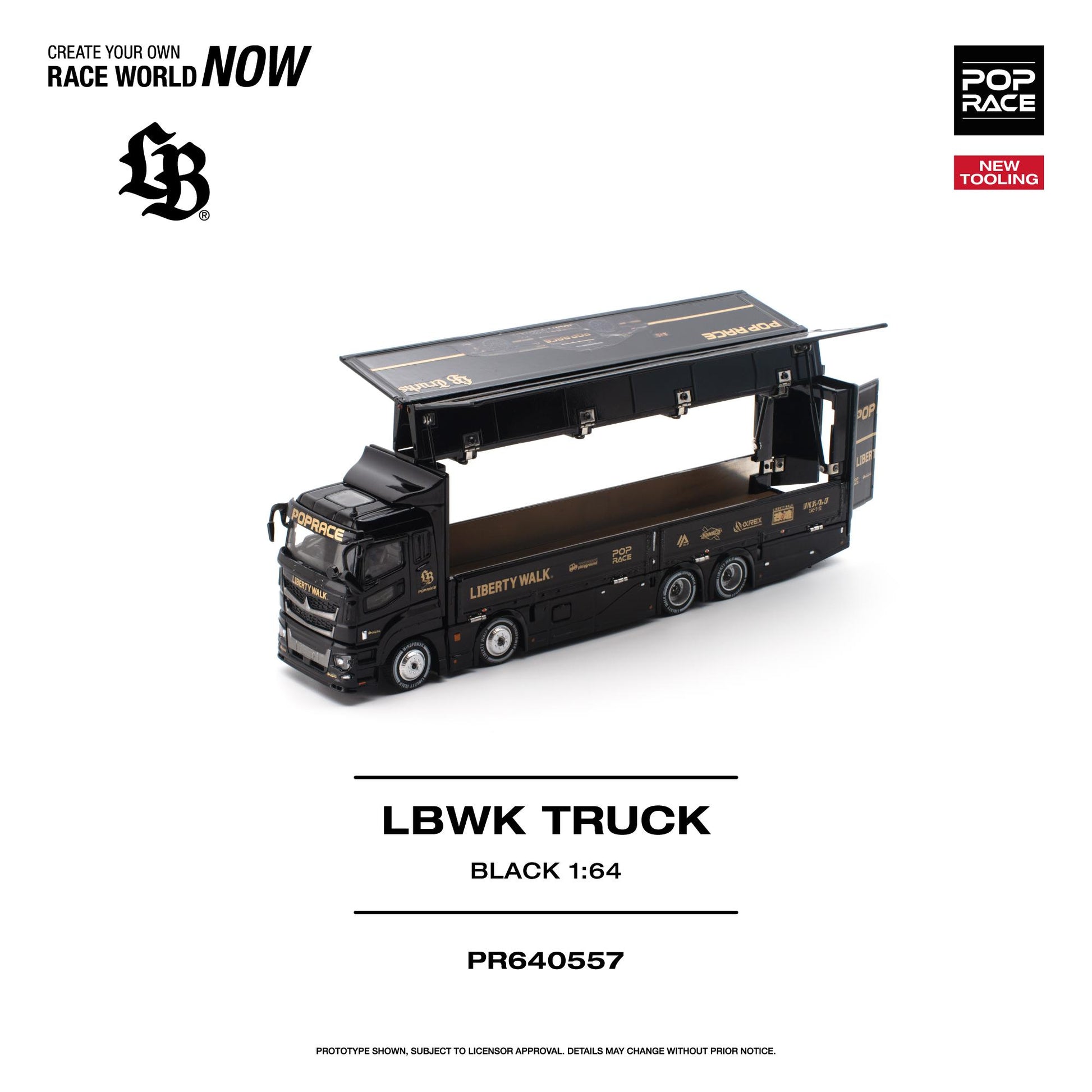 A 1:64 scale model of a black race truck with gold lettering, shown on a white background with branding and product text. The truck has its cargo bed open, revealing a brown interior.