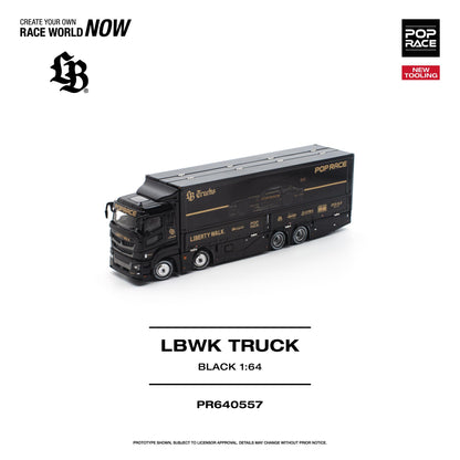 A 1:64 scale model of a black race truck with gold and white sponsor decals, shown on a clean white background with brand logos and product text.