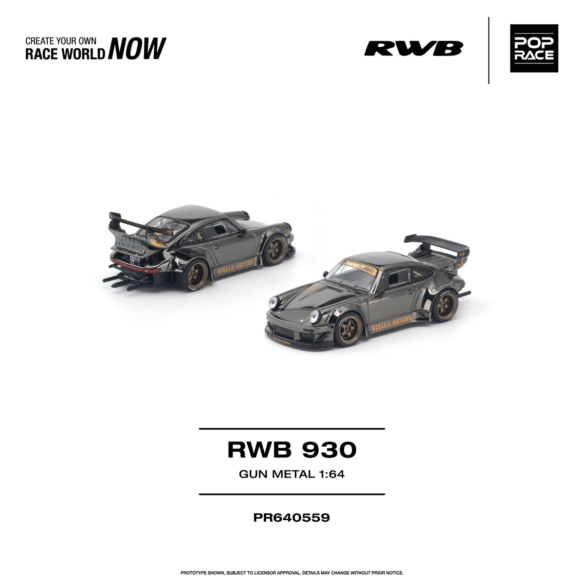 Pop Race 1:64 RWB Porsche 930 Gun Metal PR640559 diecast model car with Stella Artois livery, widebody kit and rear wing