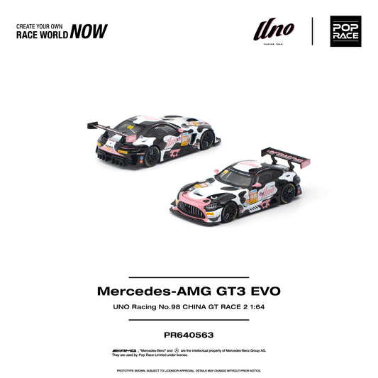 POP RACE 1:64 Mercedes-AMG GT3 EVO UNO Racing #98 China GT Race 2 PR640563 diecast model featuring black, white and pink camouflage racing livery, detailed panda-themed hood graphics, UNO Racing sponsor decals, Pirelli racing tires, large rear wing and aerodynamic body kit, shown from front and rear three-quarter angles.