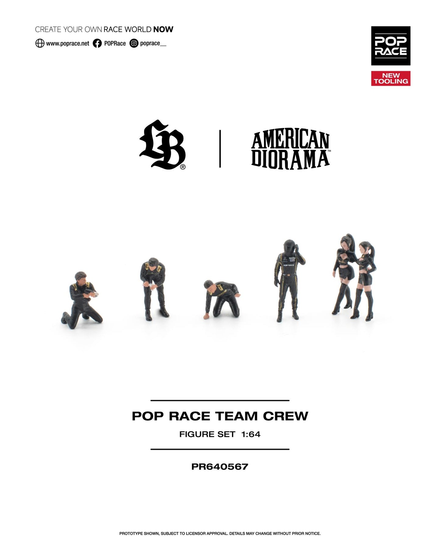 Product packaging and insert card for the Pop Race Team Crew Figure Set (PR640567) by American Diorama and Pop Race. The card features the logos for both brands at the top, a preview of the six 1:64 scale miniature figures in black outfits at the bottom, and product details.