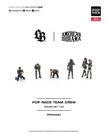 Product packaging and insert card for the Pop Race Team Crew Figure Set (PR640567) by American Diorama and Pop Race. The card features the logos for both brands at the top, a preview of the six 1:64 scale miniature figures in black outfits at the bottom, and product details.