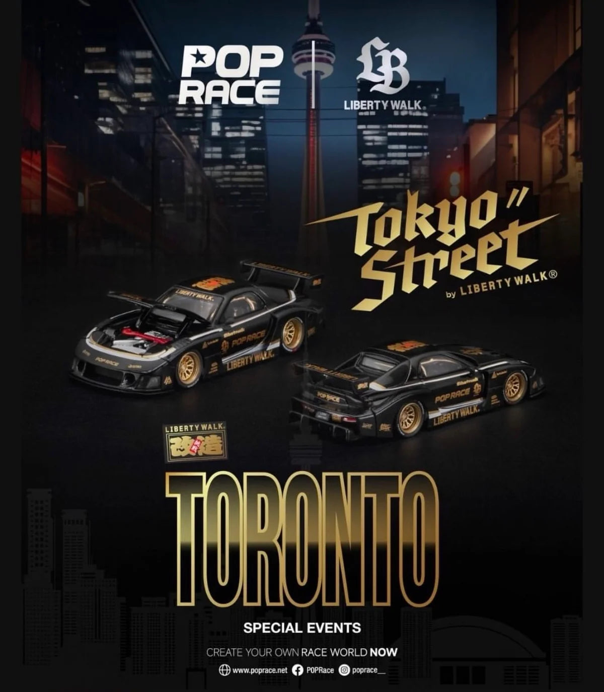 Pop Race Mazda RX-7 FD3S LBWK 1:64 diecast model in black and gold Liberty Walk Tokyo Street Toronto Special Event livery, PR640568, with gold wheels, widebody kit, rear wing and opening hood.