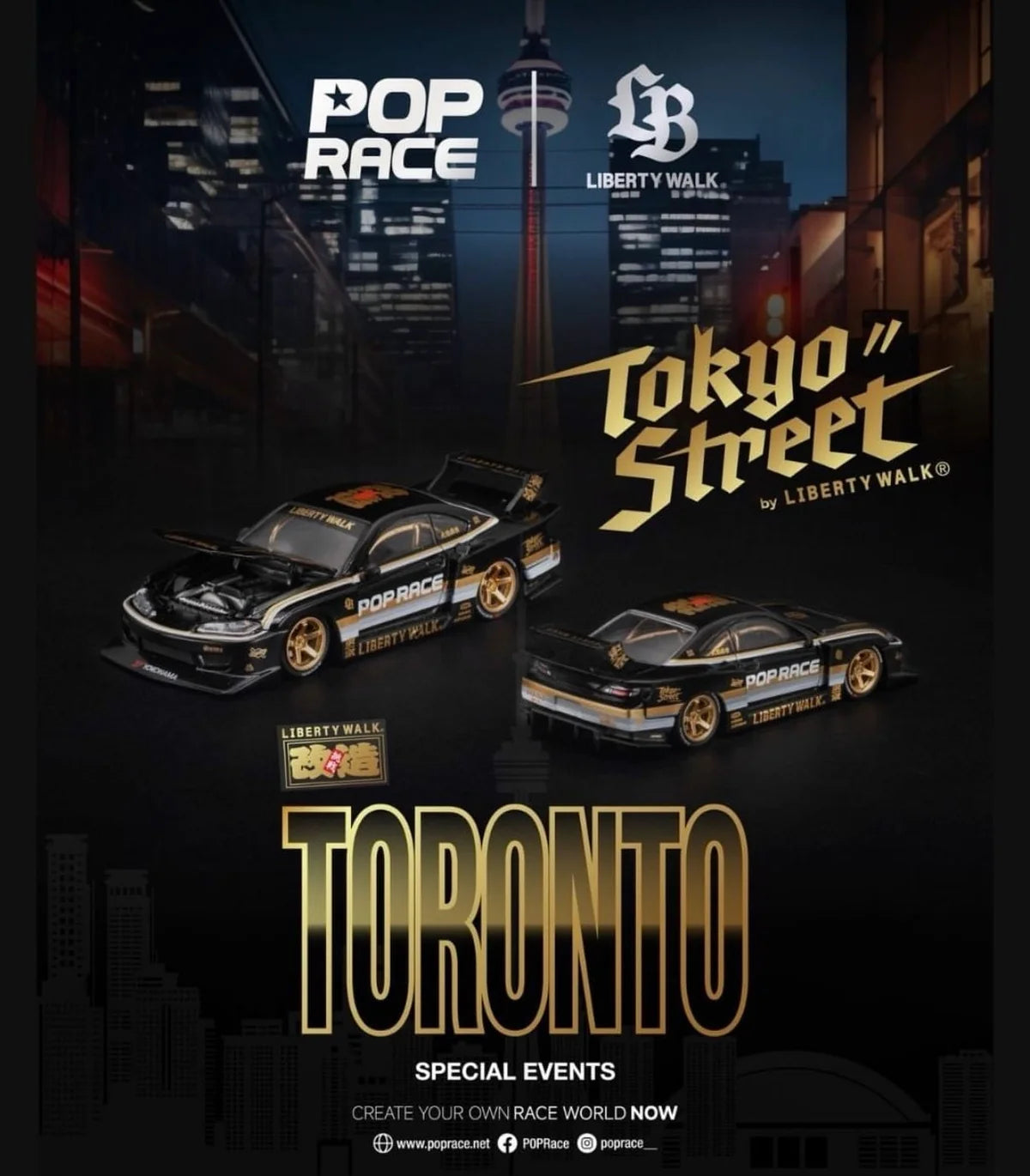 Pop Race Nissan Silvia S13 LBWK 1:64 diecast model in black and gold Liberty Walk Tokyo Street Toronto Special Event livery, PR640569, with gold wheels, widebody kit, rear wing and opening hood.
