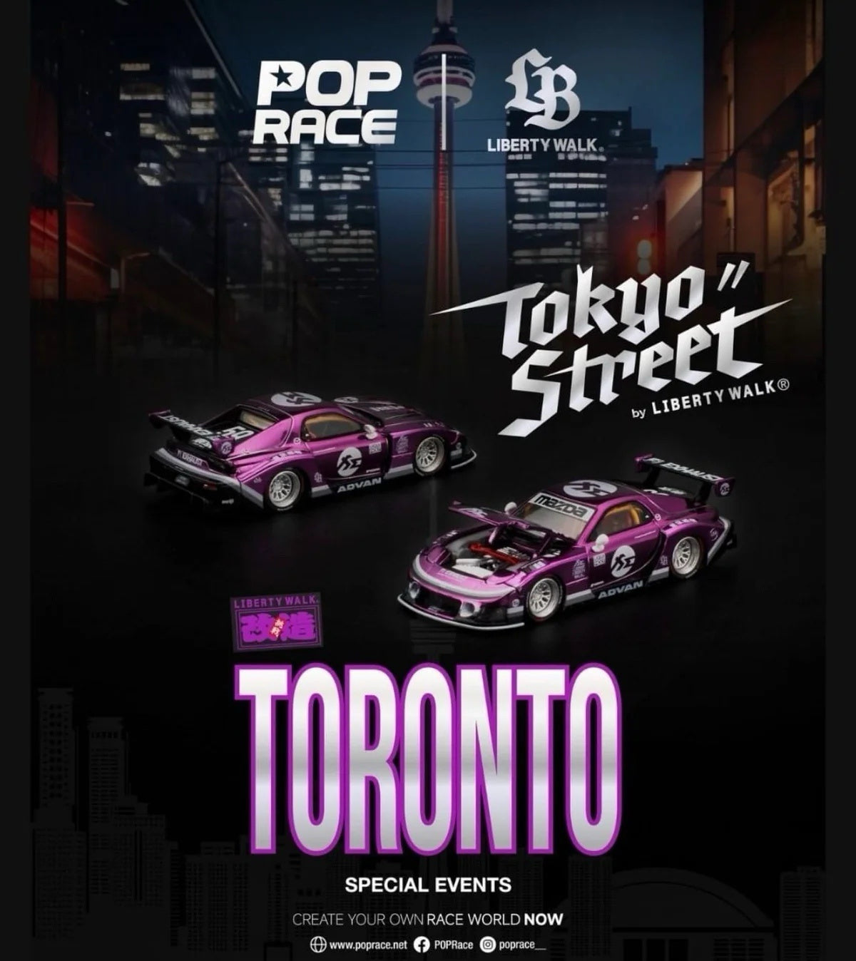 Pop Race Mazda RX-7 FD3S LBWK 1:64 diecast model in metallic purple ADVAN Liberty Walk Tokyo Street Toronto Special Event livery, PR640570, with white wheels, widebody kit, rear wing and opening hood.