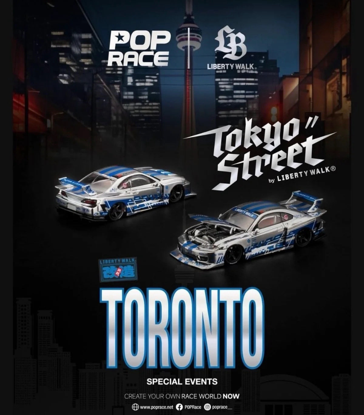 Pop Race Nissan Silvia S15 LBWK 1:64 diecast model in silver and blue Liberty Walk Tokyo Street Toronto Special Event livery, PR640571, with black wheels, widebody kit, rear wing and opening hood.