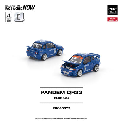 Two blue 1:64 scale model cars shown on a white background with promotional text. The cars are branded POP RACE and labeled PANDEM QR32, with one car closed and the other with its hood open to show the engine.