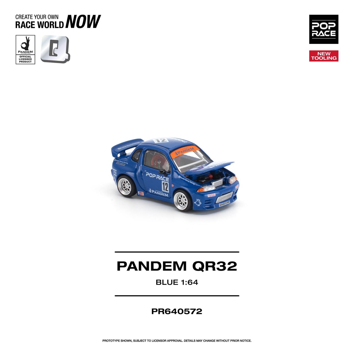 A blue 1:64 scale model car, identified as a Pop Race Pandem QR32, shown on a clean white background with product details and branding text.