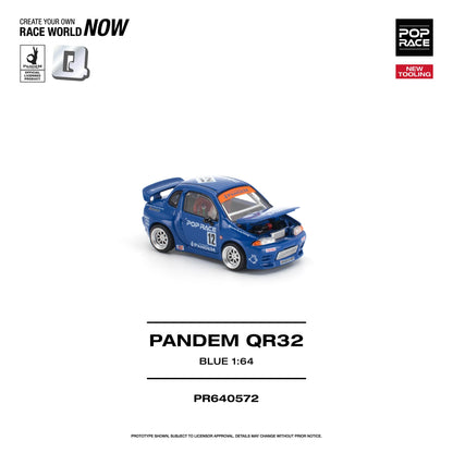 A blue 1:64 scale model car, identified as a Pop Race Pandem QR32, shown on a clean white background with product details and branding text.