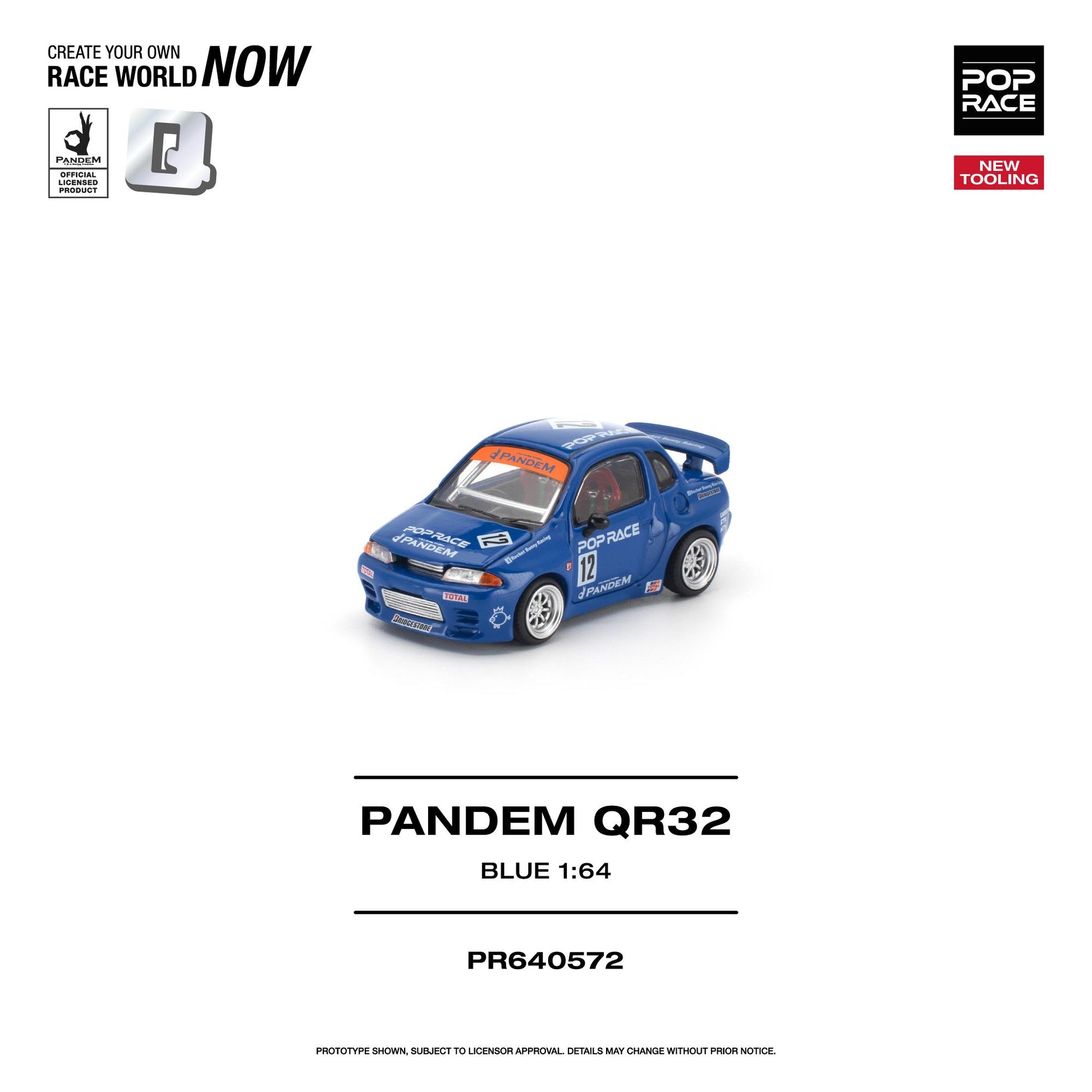 A 1:64 scale model car of the blue RACE Pandem QR32, shown on a clean white background with product details and branding text.