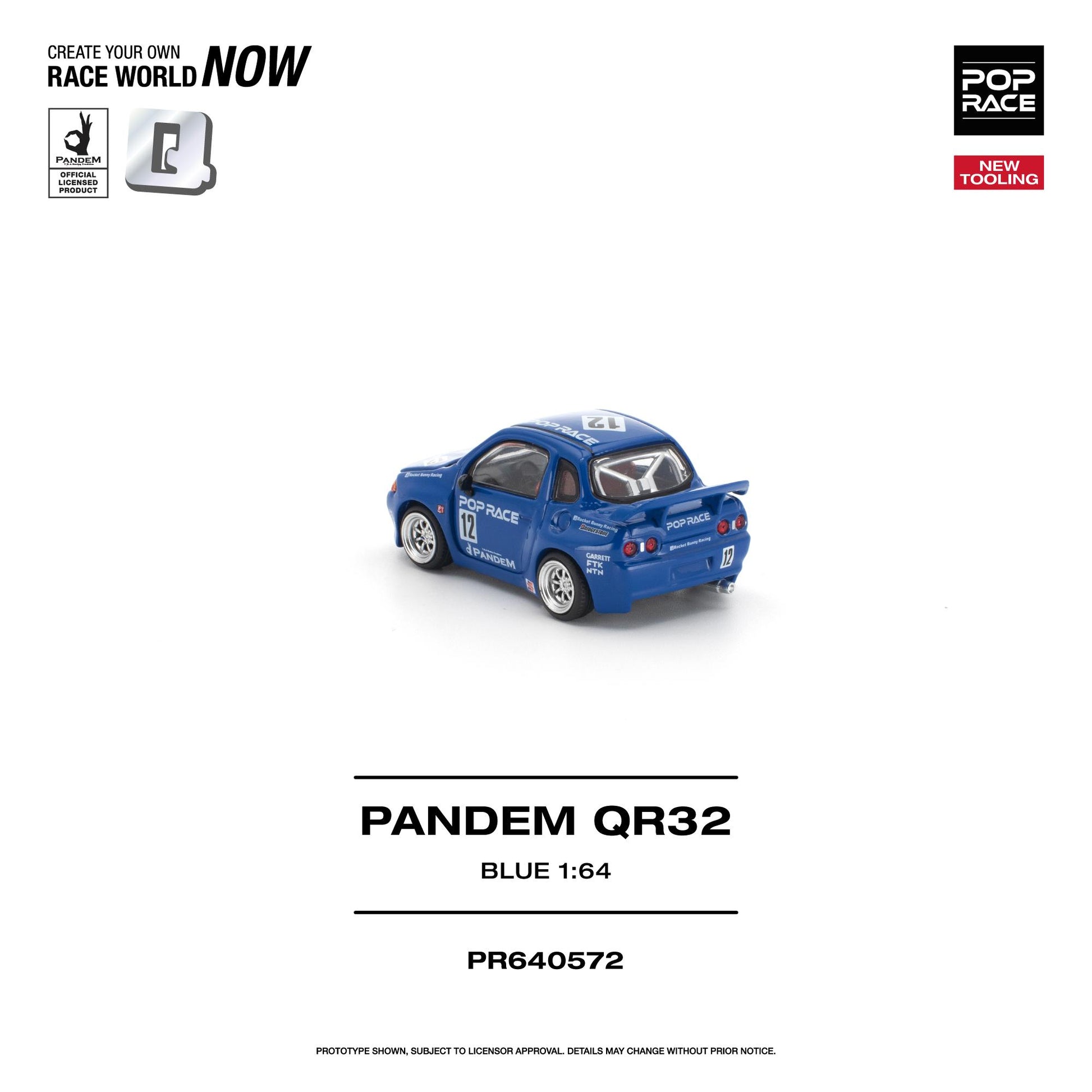 A blue 1:64 scale model car, identified as the Pop Race Pandem QR32, shown on a clean white background with product details and logos.