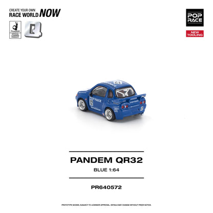 A blue 1:64 scale model car, identified as the Pop Race Pandem QR32, shown on a clean white background with product details and logos.