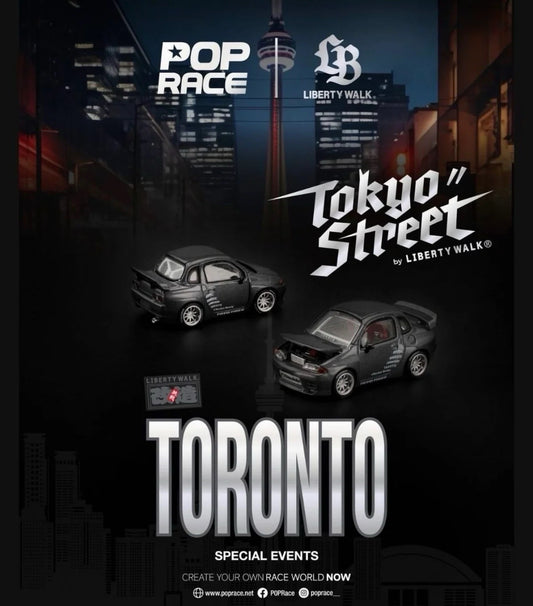 Pop Race Nissan Skyline GT-R R33 LBWK 1:64 diecast model in dark grey Liberty Walk Tokyo Street Toronto Special Event edition, PR640574, with silver wheels, rear wing and opening hood.