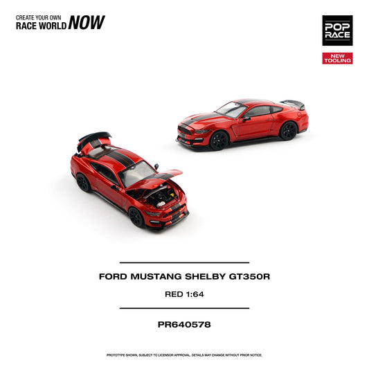 Red model Ford Mustang Shelby GT350R on a white background with 'Pop Race' branding.