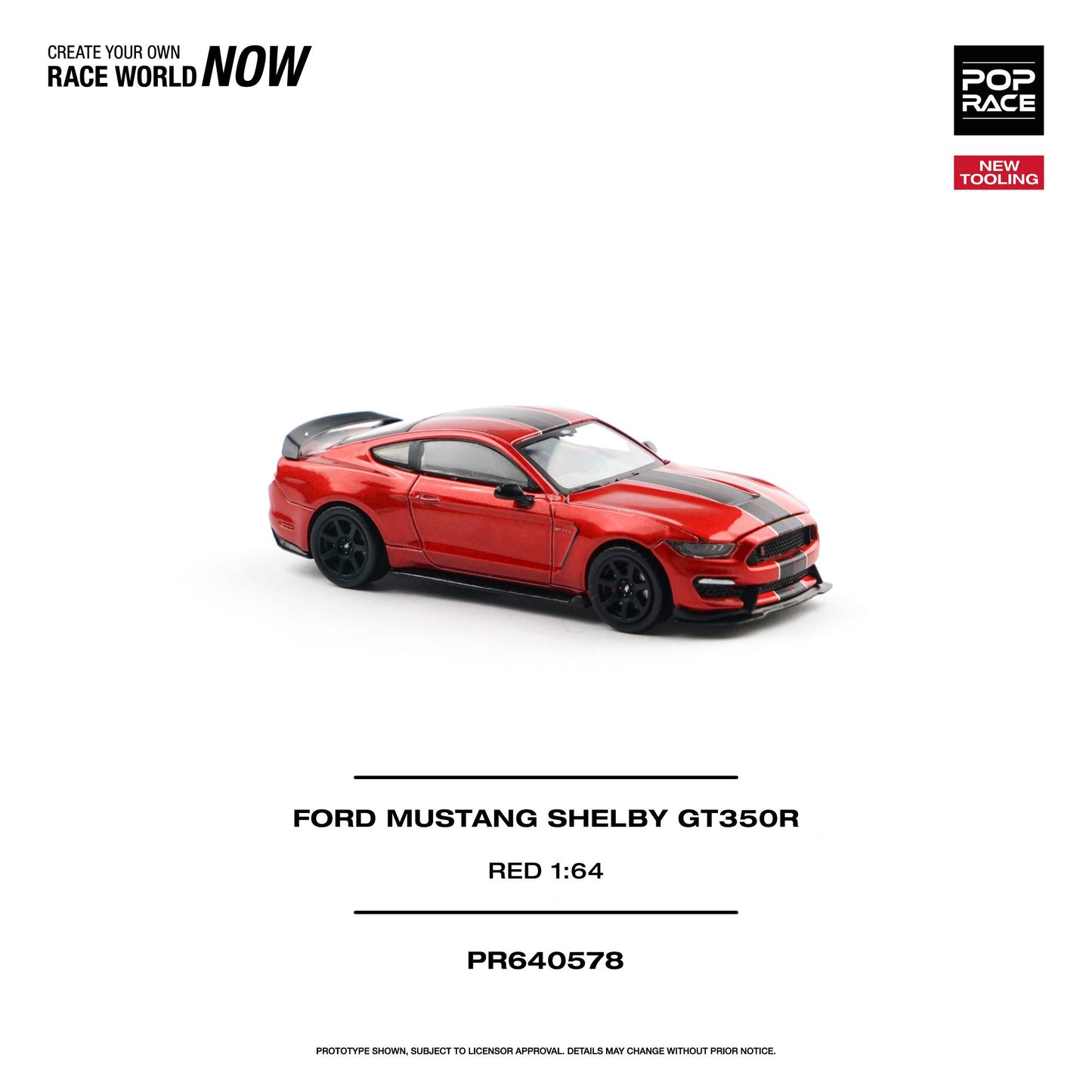 Red Ford Mustang Shelby GT500 model car on a white background with branding and product details.