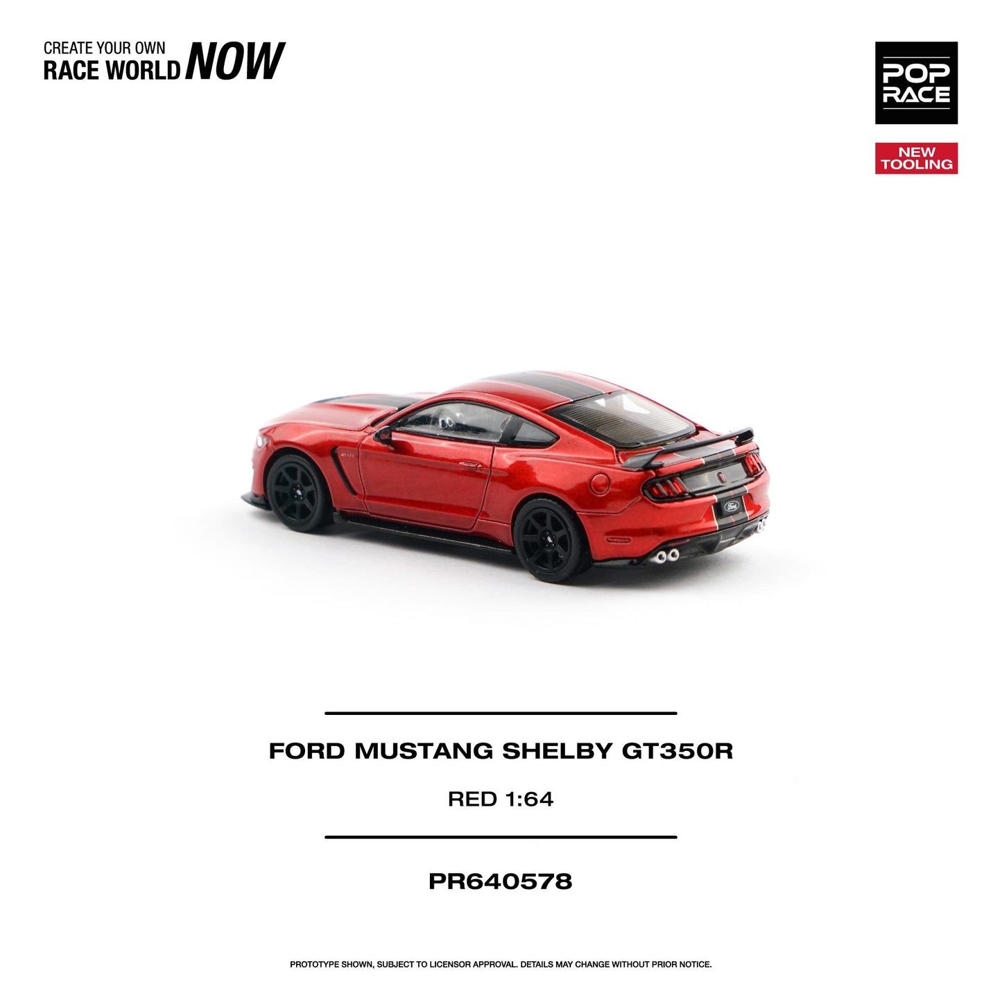 Red Ford Mustang Shelby GT500 model car on a white background with branding and product details.