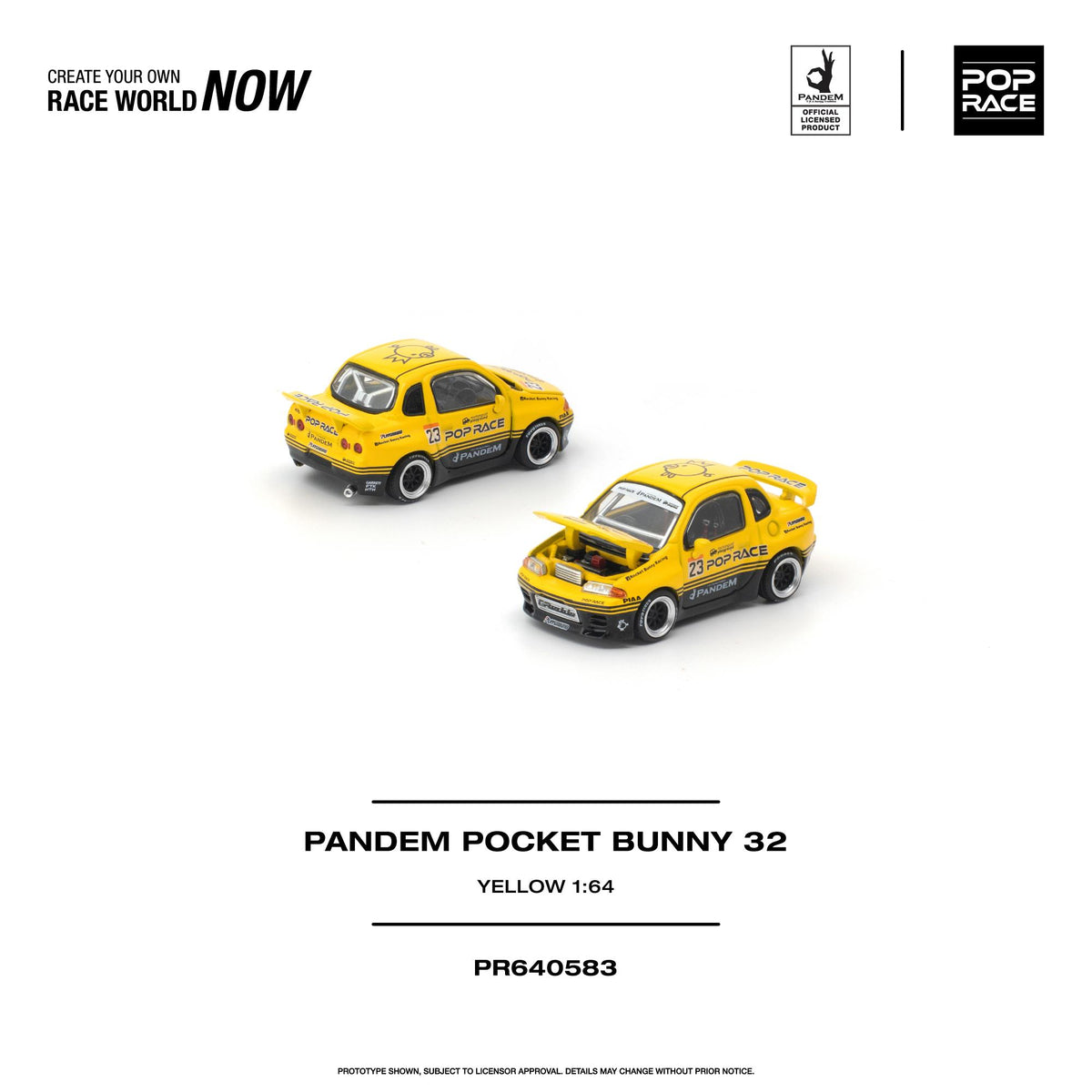 Pop Race 1:64 Pandem Pocket Bunny 32 Yellow PR640583 featuring bright yellow paint, black racing stripes, Pop Race #23 graphics, widebody kit, rear spoiler, black and silver wheels, and removable hood revealing engine details.