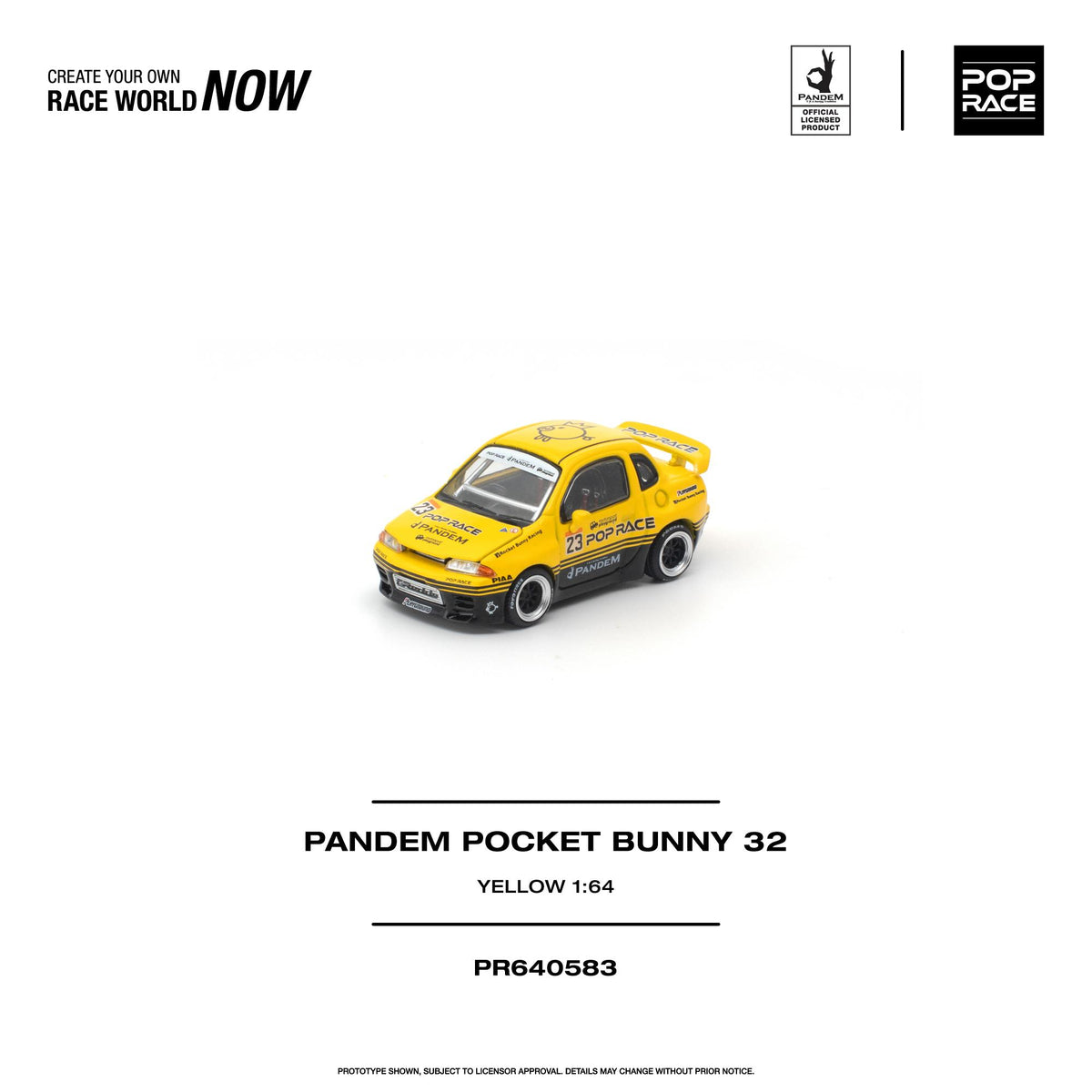 Pop Race 1:64 Pandem Pocket Bunny 32 Yellow PR640583 diecast model featuring bright yellow paint, black lower body accents, Pop Race #23 racing livery, Pandem widebody styling, rear spoiler, black wheels with silver rims, and detailed front three-quarter view.