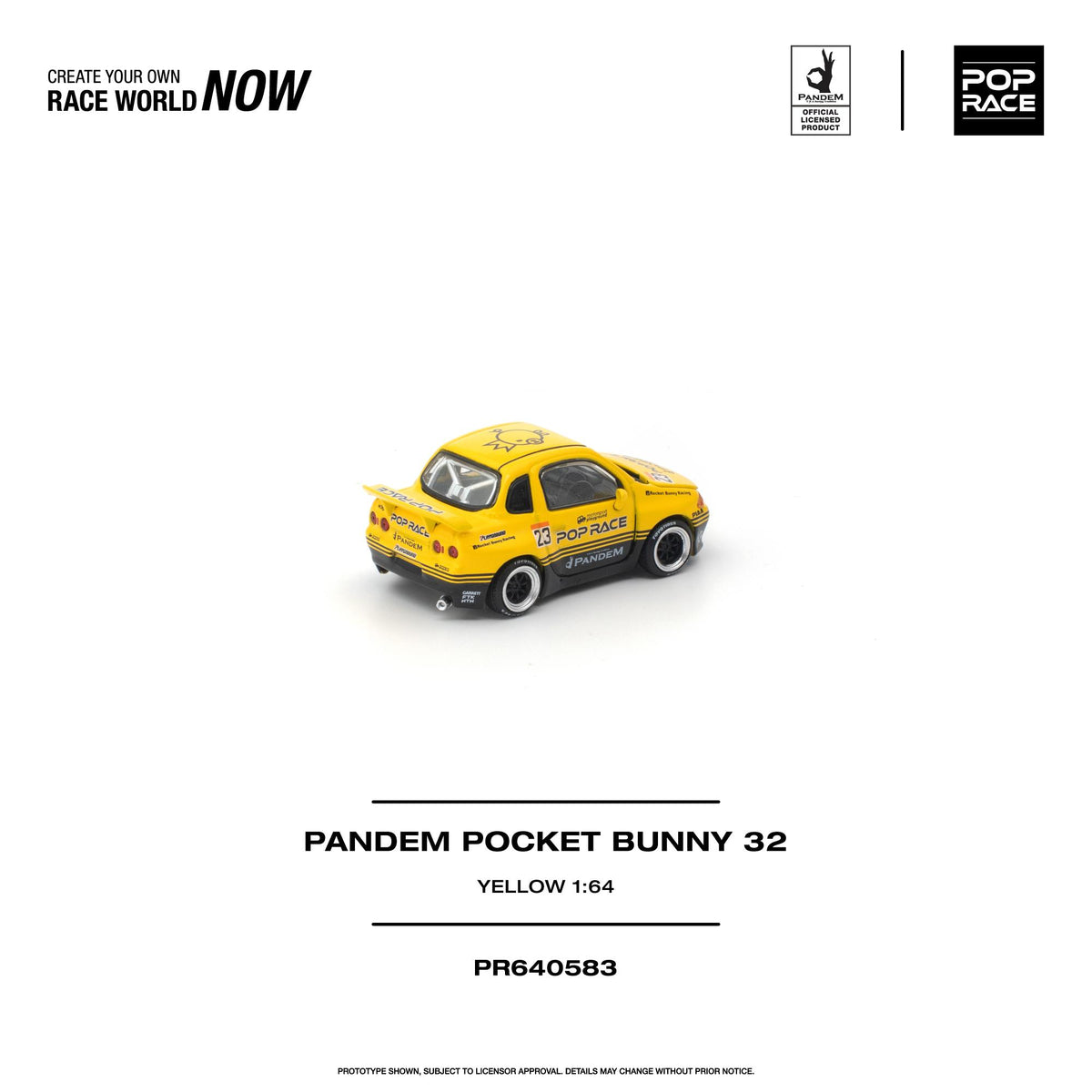 Pop Race 1:64 Pandem Pocket Bunny 32 Yellow PR640583 diecast model, rear three-quarter view featuring bright yellow paint, black lower body accents, Pop Race #23 racing livery, Pandem widebody kit, rear spoiler, silver-rimmed black wheels, and detailed taillights.