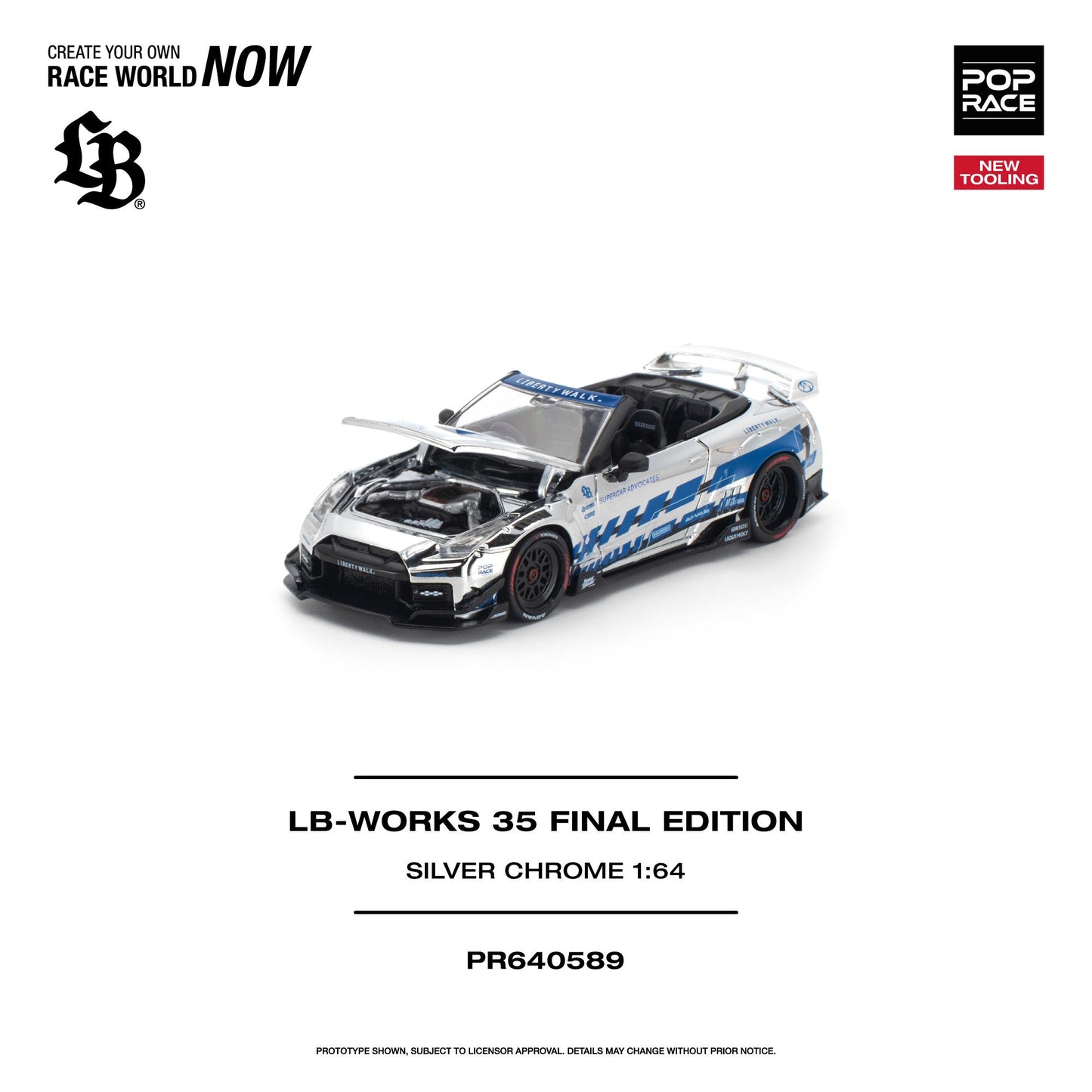 LB-Works 35 Final Edition Silver Chrome 1:64 scale model car, shown with its hood open on a white background with product details and branding text.