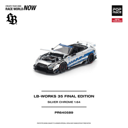 LB-Works 35 Final Edition Silver Chrome 1:64 scale model car, shown with its hood open on a white background with product details and branding text.