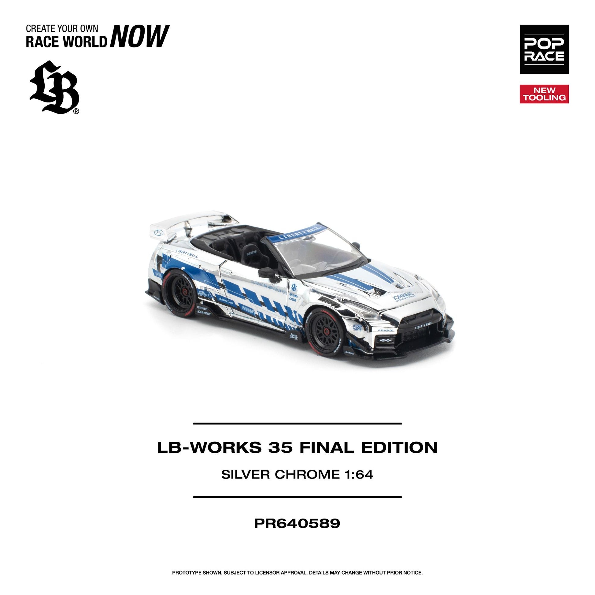 LB-Works 35 Final Edition Silver Chrome 1:64 scale model car, a Nissan GT-R Nismo R35 race car with blue and white livery, shown on a white background with brand and product text.