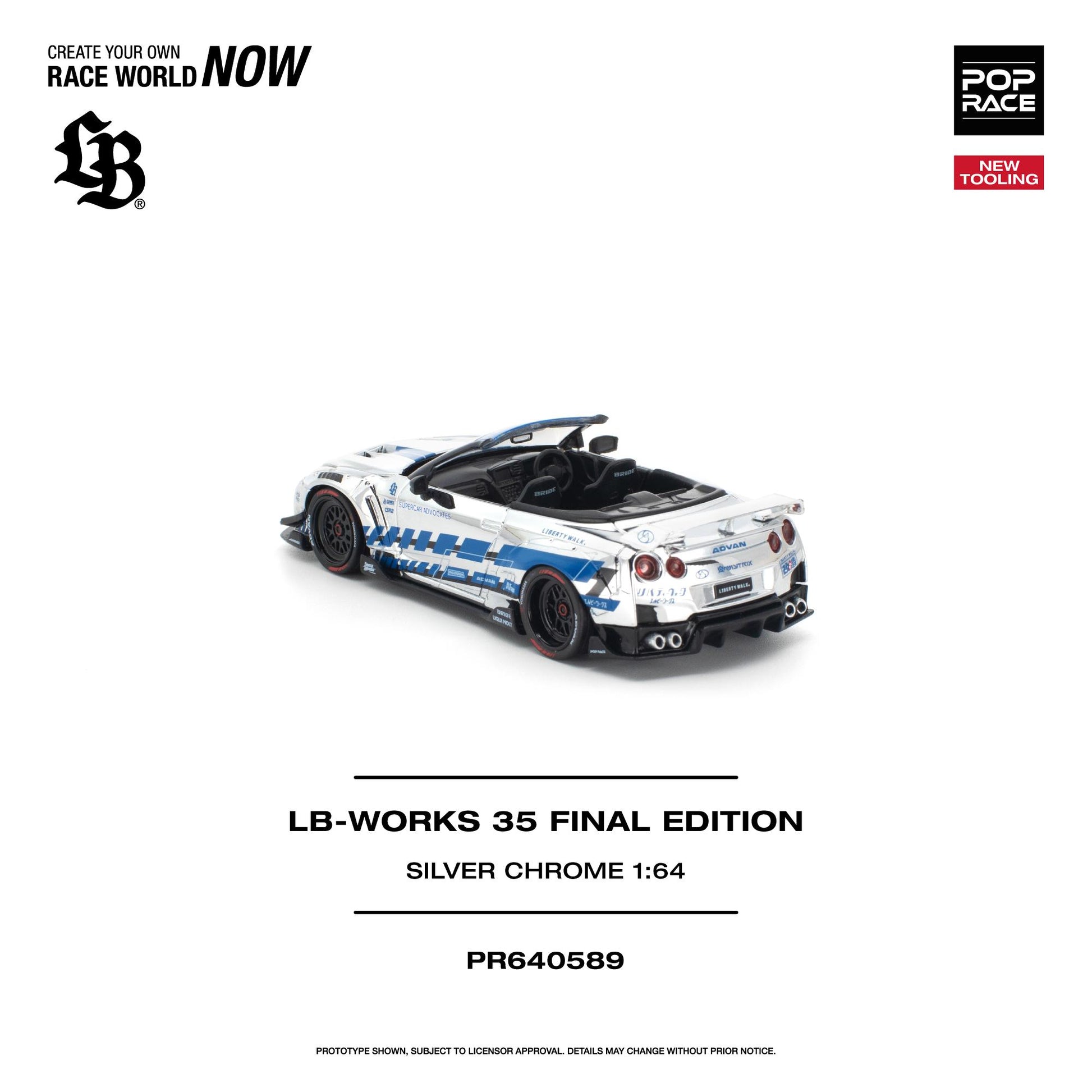 LB-Works 35 Final Edition Silver Chrome 1:64 scale model car of a white and blue Nissan R34 GT-R convertible, shown on a clean white background with product details and branding.
