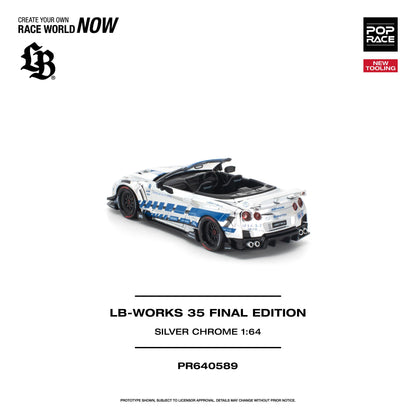 LB-Works 35 Final Edition Silver Chrome 1:64 scale model car of a white and blue Nissan R34 GT-R convertible, shown on a clean white background with product details and branding.