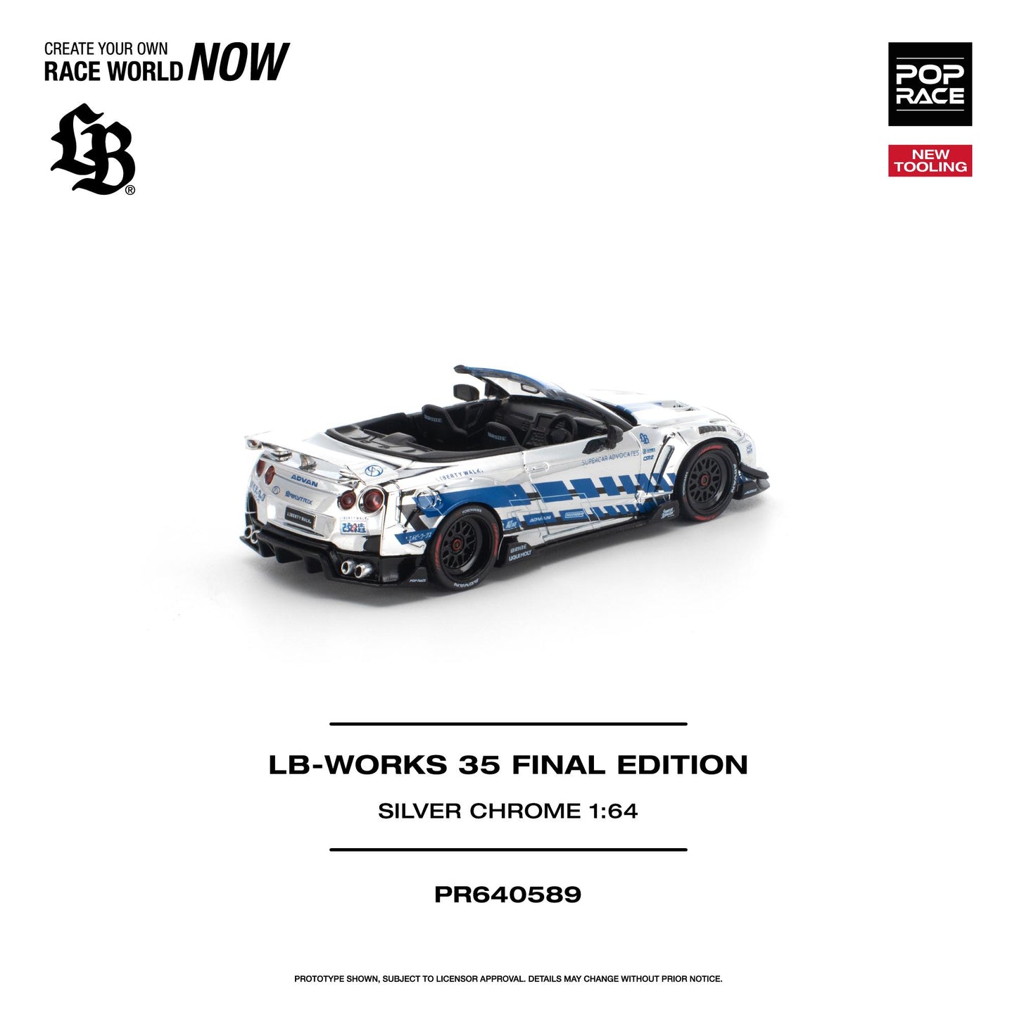 LB-Works 35 Final Edition Silver Chrome 1:64 scale model car, shown from a rear three-quarter angle on a white background with product details and branding text.