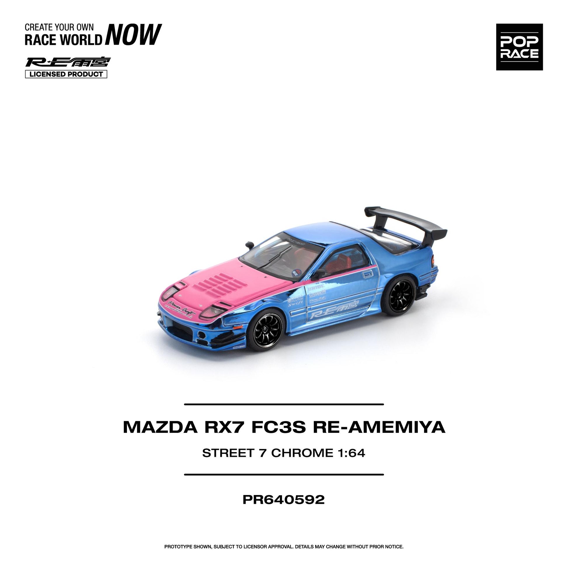 A 1:64 scale model of a blue and pink Mazda RX7 FC3S, named RE-AMEMIYA, shown on a clean white background with product details and branding text.