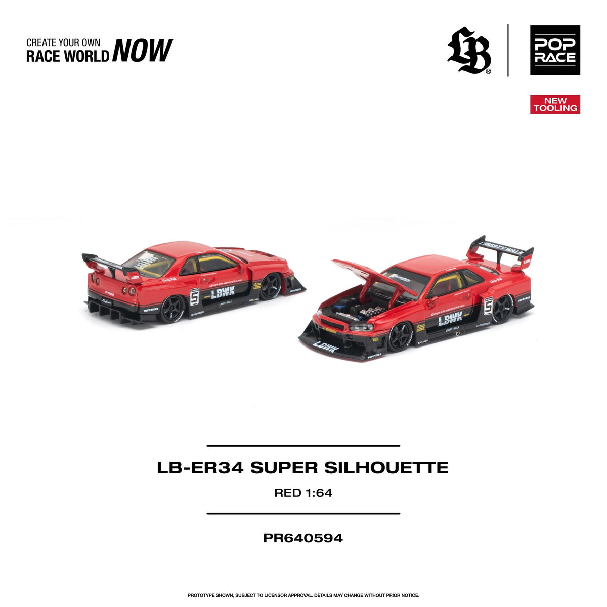 POP RACE 1:64 Liberty Walk LB-ER34 Super Silhouette red diecast model PR640594 with LBWK widebody, racing livery, large rear wing and opening hood with detailed engine bay