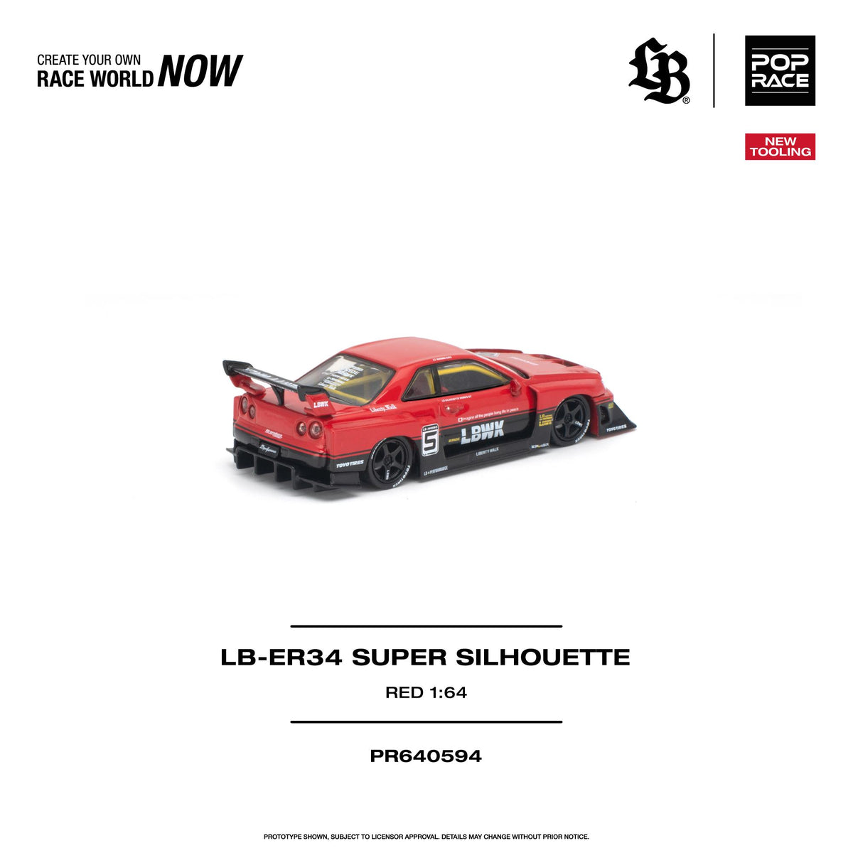 POP RACE 1:64 Liberty Walk LB-ER34 Super Silhouette red diecast model PR640594 with LBWK widebody, black racing livery, rear diffuser and large rear wing, rear three-quarter view