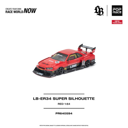 POP RACE 1:64 Liberty Walk LB-ER34 Super Silhouette red diecast model PR640594 with LBWK widebody, black wheels, aggressive front splitter and large rear wing, front three-quarter view