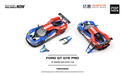 Two 1:64 scale model racing cars, a front-three-quarter view and a rear-three-quarter view, shown on a white background with branding and product text. The cars are red, white, and blue with sponsor decals, and small matching decals are placed below them.