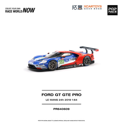 A 1:64 scale model of the 2019 Le Mans race car Ford GT GTE Pro, painted in its official blue, red, and white livery with number 68. The model is displayed on a clean white background with branding for XCAITOYS and POP RACE.