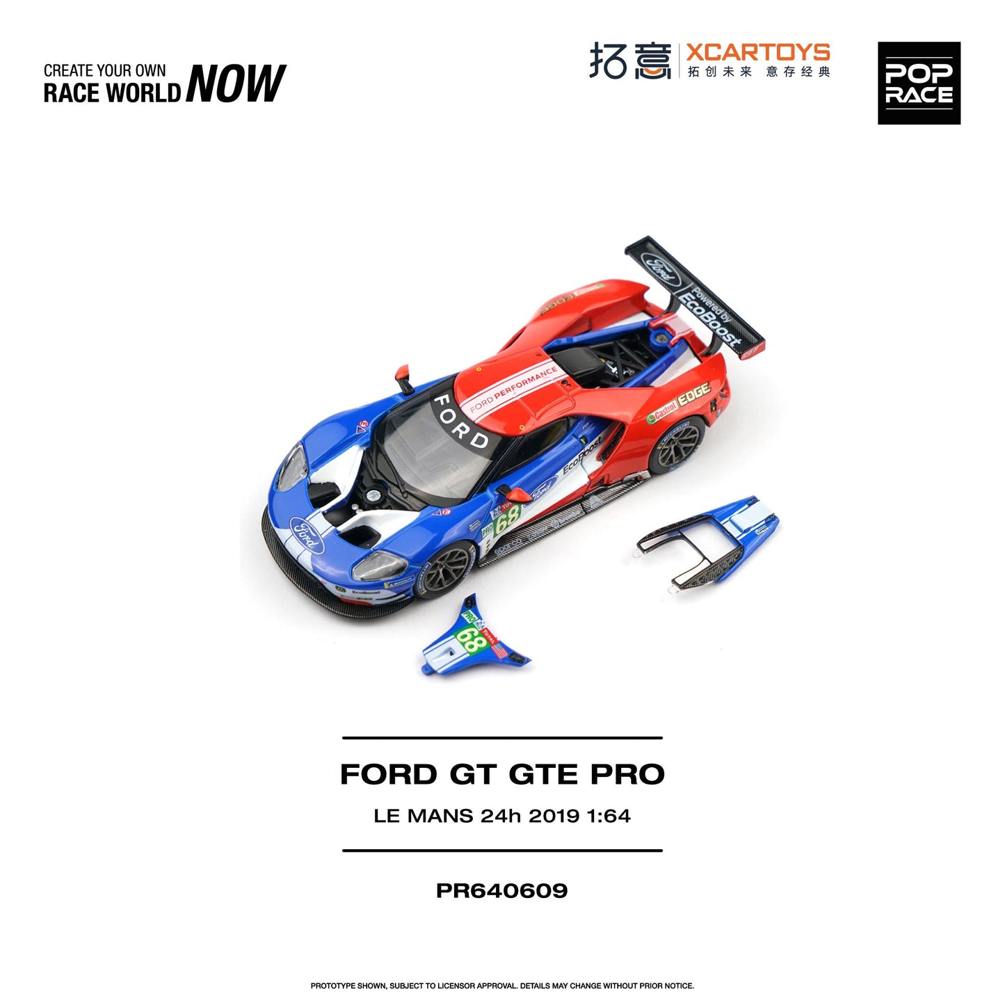 A 1:64 scale model of the Ford GT GTE Pro race car from Le Mans 2019, shown in its blue, red, and white livery with matching decals, on a clean white background with brand logos and product text.