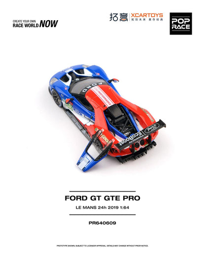 A 1:64 scale model toy car of a Ford GT GTE Pro race car from Le Mans 2019, shown in a blue, red, and white livery with its door open. The image is presented on a clean white background with brand logos for Xcartools and Pop Race, along with product code PR640609.