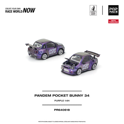 Pop Race 1:64 Pandem Pocket Bunny Nissan Skyline R34 Purple PR640618 featuring metallic purple racing livery, white wheels, oversized rear wing, and opening hood revealing a detailed engine bay.