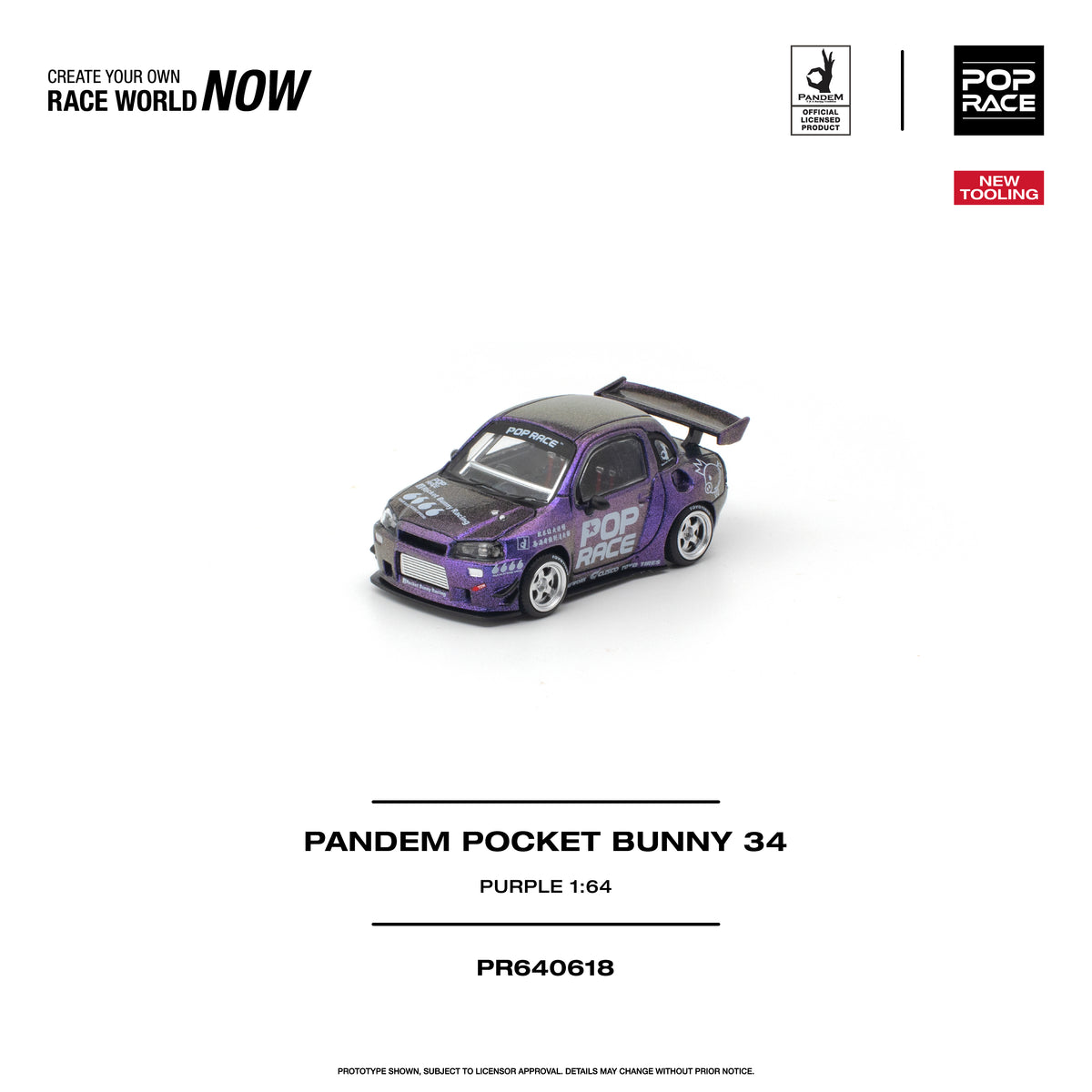 Pop Race 1:64 Pandem Pocket Bunny 34 Purple PR640618 front three-quarter view featuring metallic purple finish, black hood, Pop Race graphics, silver wheels, widebody kit, and oversized rear wing.