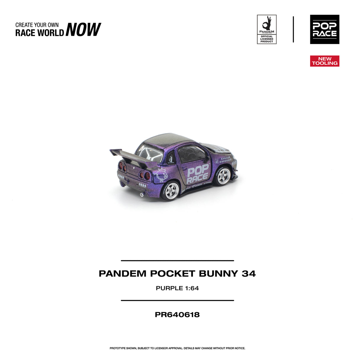 Pop Race 1:64 Pandem Pocket Bunny 34 Purple PR640618 rear three-quarter view featuring metallic purple finish, Pop Race graphics, silver wheels, widebody kit, and oversized rear wing.