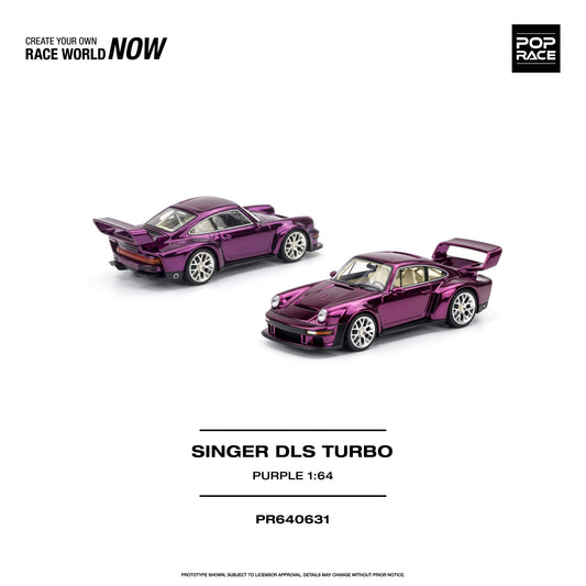POP RACE 1:64 Singer DLS Turbo Purple PR640631 diecast model featuring metallic purple paint, widebody design, large rear wing, silver multi-spoke wheels and beige interior, shown in front and rear three-quarter views.