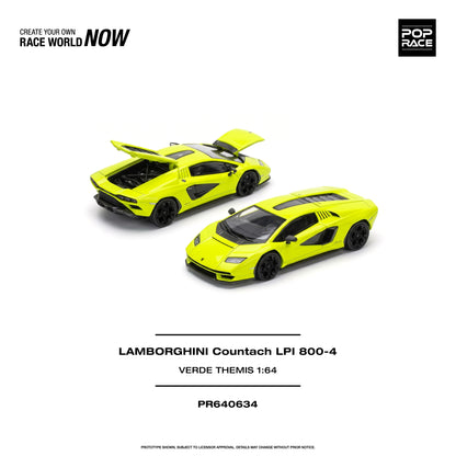 POP RACE 1:64 Lamborghini Countach LPI 800-4 Verde Themis PR640634 diecast model featuring vibrant neon green paint, black wheels, opening rear engine cover and front trunk, exposed engine details, shown in front and rear three-quarter views.