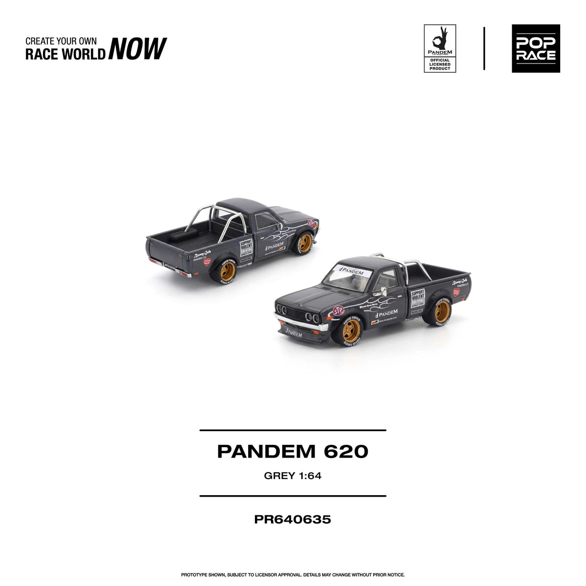 Pop Race 1:64 Pandem Datsun 620 pickup truck in grey with widebody kit, gold wheels, racing decals, and roll bar – PR640635.