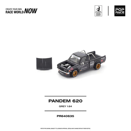 Pop Race 1:64 Pandem Datsun 620 Pickup Grey PR640635 with removable hood revealing detailed engine bay, gold wheels, racing decals, and roll bar.