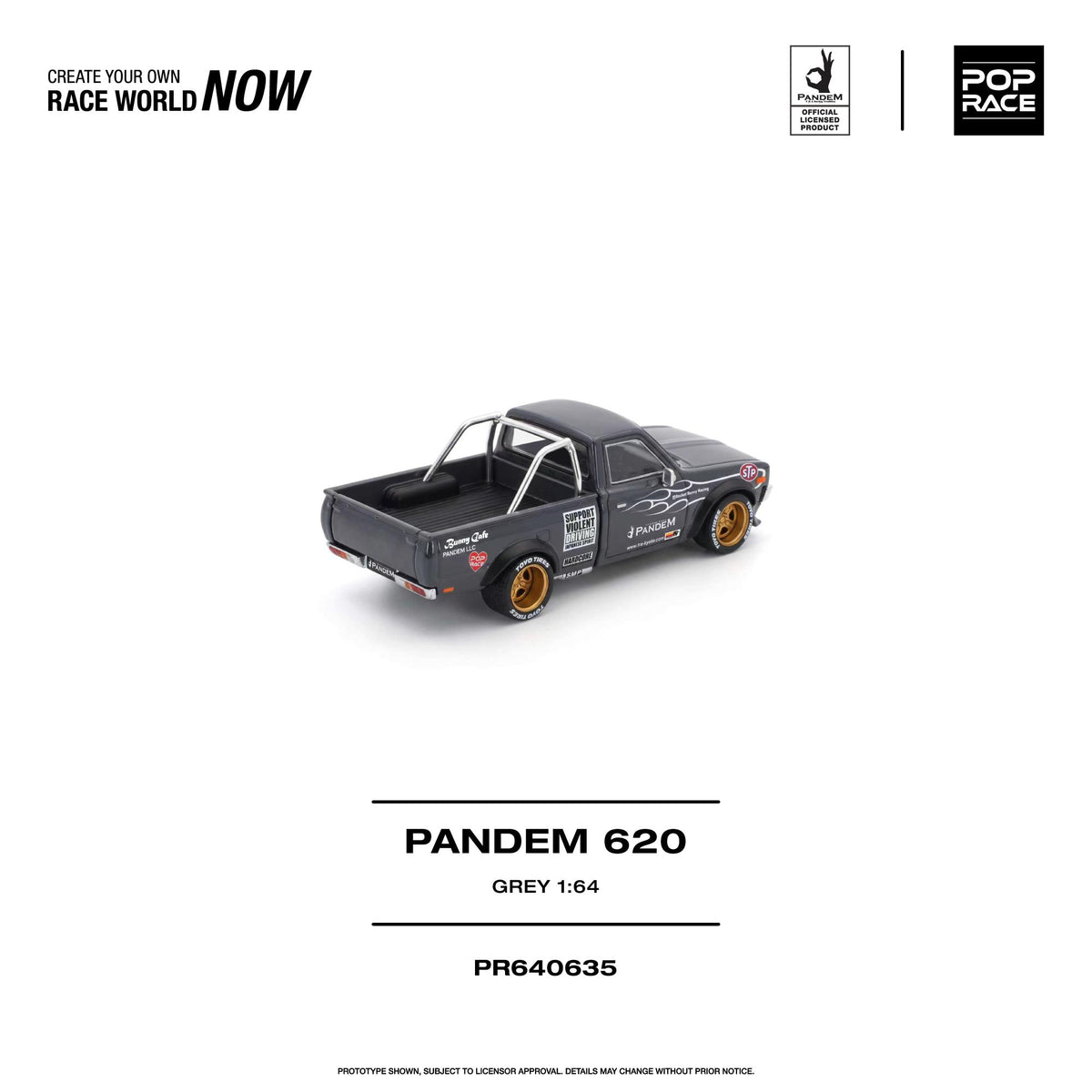 Pop Race 1:64 Pandem Datsun 620 Pickup Grey PR640635 rear three-quarter view featuring gold wheels, racing decals, open truck bed, and chrome roll bar.